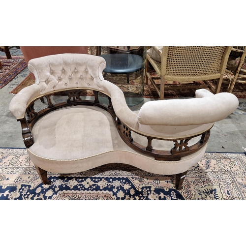 1172 - Victorian walnut two-seater conversation seat/love chair having button pale brown fabric upholstery ... 