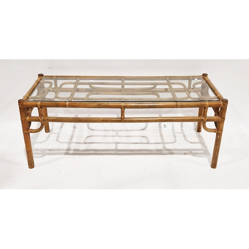 1173 - Contemporary bamboo and wicker conservatory coffee table with glass inset top, 121cm long x 51cm dee... 