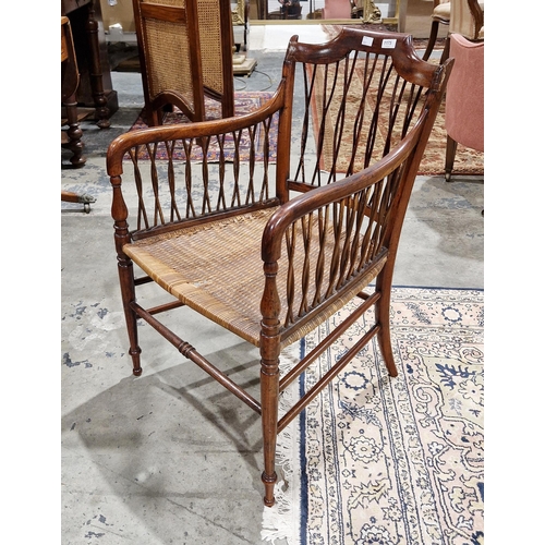 1175 - 19th century fruitwood side elbow chair with twisted cane spindle back and wicker seat, 48cm wide x ... 