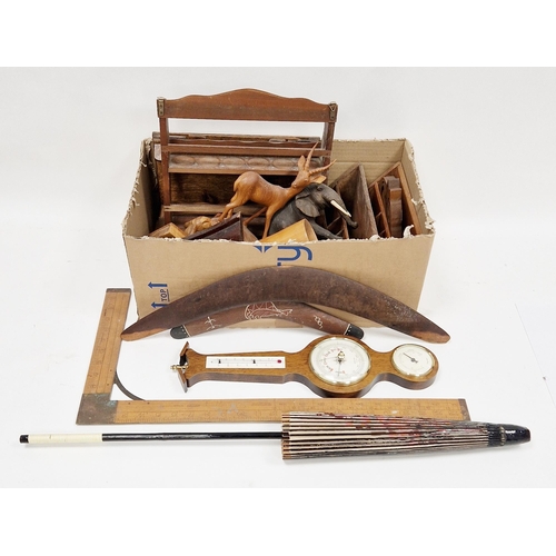 119 - Collection of wooden items including Australian boomerang, folding easel, stationery racks, Rabone s... 