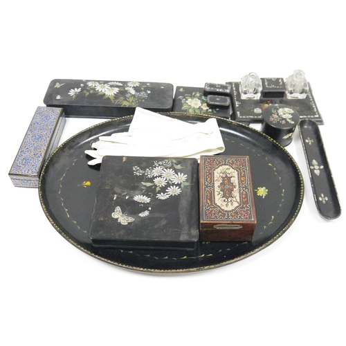 120 - Collection of black lacquered papiermache items including two 19th century mother of pearl inlaid sn... 