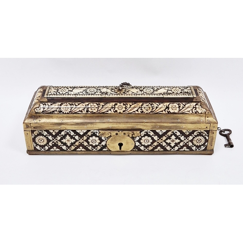 143 - 19th century Indian rosewood scribe's box or casket, brass bound with ivory inlay to the domed lid a... 