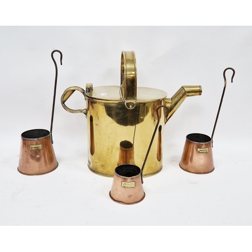 144 - Large Victorian brass housekeeper's watering can, stamped 8 JM to base, 38cm high together with a se... 