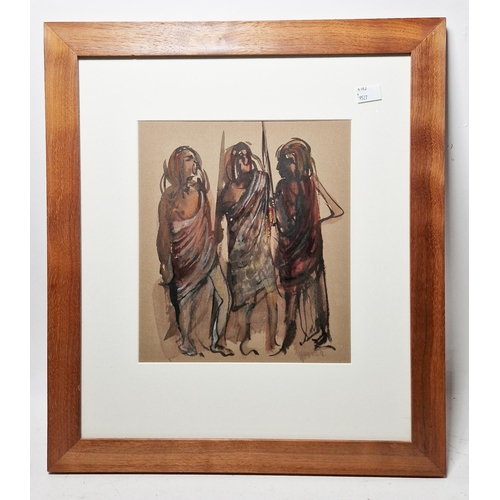 158 - Joan Waite (20th century)
 Watercolour
 Study of three Masai warriors, signed lower right, framed an... 