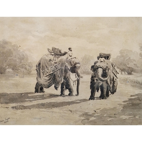 164 - Nora Scott (19th century)
 Watercolour en grisaille
 Two elephants with howdahs, signed and dated 18... 