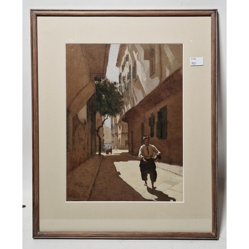 168 - E. V. South (19th/20th century)
 Watercolour
 Middle Eastern street scene with figure, signed and da... 