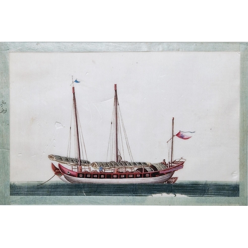 172 - Set of three Chinese school ricepaper paintings of sailing vessels, Chinese character marks to left,... 