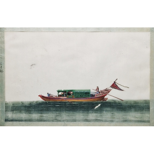 172 - Set of three Chinese school ricepaper paintings of sailing vessels, Chinese character marks to left,... 