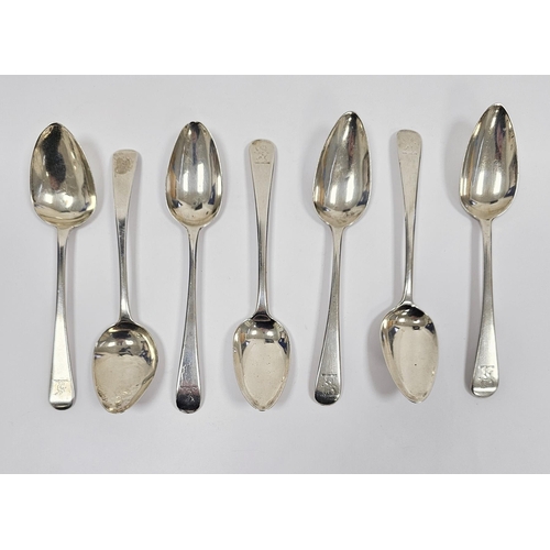 208a - Matched set of seven George III and George IV silver dessert spoons, London dating from 1788 to 1825... 