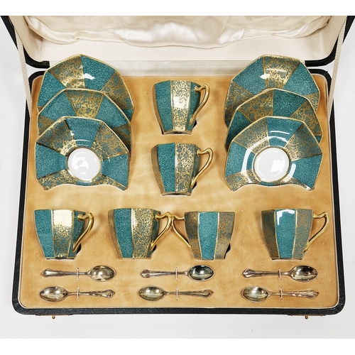 22 - Cased Mappin and Webb set of Royal Doulton Art Deco speckled green and gilt ground demi-tasse and si... 