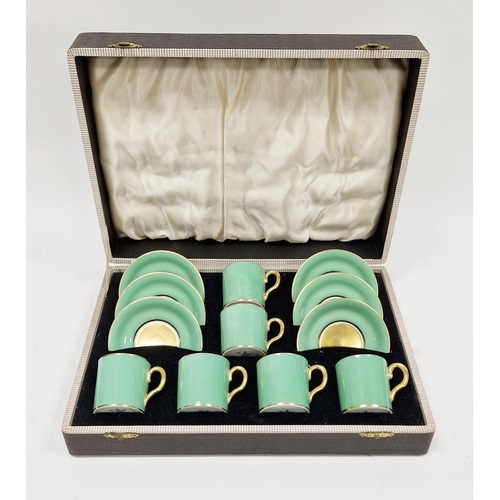 23 - Cased Art Deco New Chelsea (Staffordshire) green and gilt ground set of six coffee cans and saucers,... 