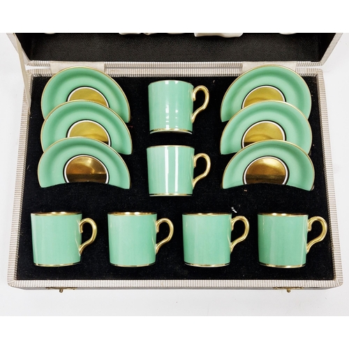 23 - Cased Art Deco New Chelsea (Staffordshire) green and gilt ground set of six coffee cans and saucers,... 