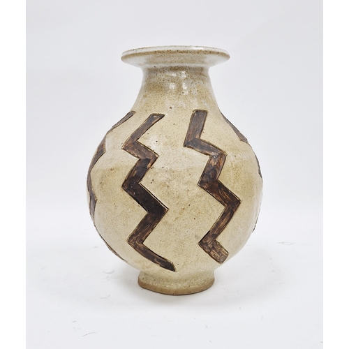 24 - Studio stoneware globular sgraffito vase, incised signature, decorated with a band of brown zig-zags... 