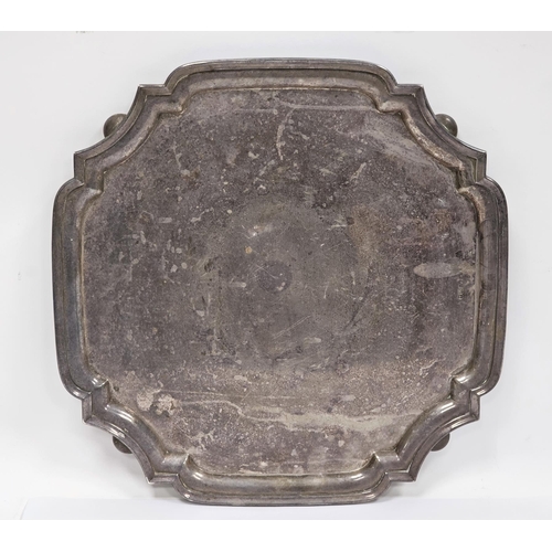 286A - Silver salver, Sheffield 1936, Walker & Hall, of square form with shaped canted corners and raised m... 