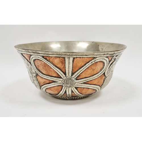 307 - Folk art copper and white metal offering or altar bowl, the exterior with white metal decoration (po... 