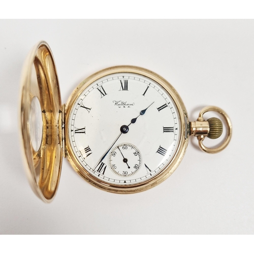 327 - 9ct gold cased half-hunter pocket watch by Waltham, the enamel dial with Roman numerals denoting hou... 