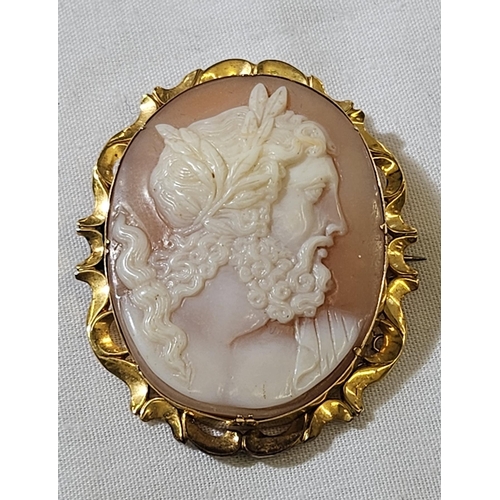 371 - Gold-coloured metal and cameo brooch, the oval cameo carved with head and shoulders of Zeus within s... 