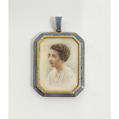 456 - Early 20th century yellow-metal and guilloche enamelled miniature portrait pendant, the rectangular ... 