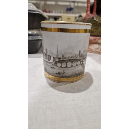 47 - Late 18th/early 19th century porcelain mug decorated with a sepia monochrome scene of Worcester, riv... 