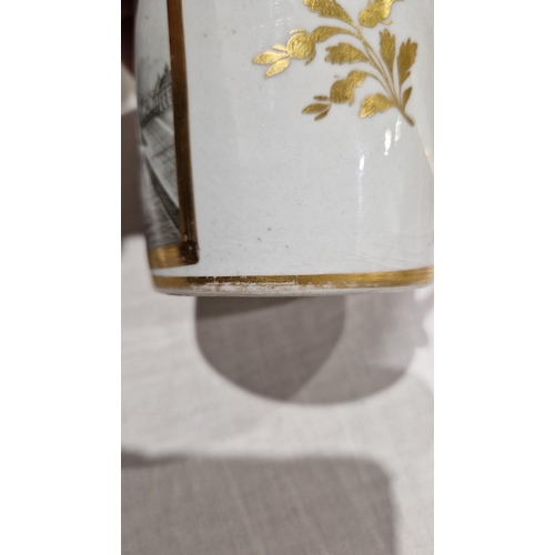 47 - Late 18th/early 19th century porcelain mug decorated with a sepia monochrome scene of Worcester, riv... 