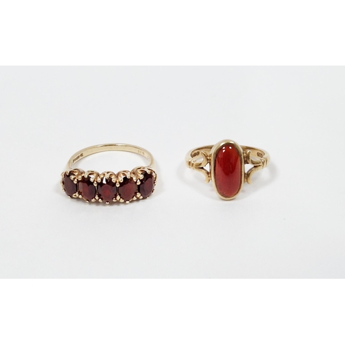 475 - Gold and garnet five-stone cluster ring (size N) and a 9ct gold and garnet-coloured stone ring set c... 