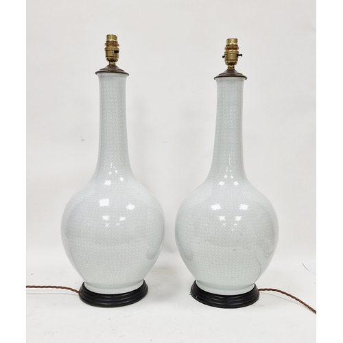 55 - Pair of contemporary gourd-shape grey porcelain table lamps, each with geometric decoration, raised ... 