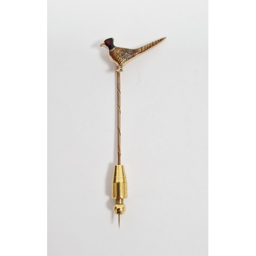 568 - 9ct yellow gold stickpin with an enamel finial in the form of a pheasant, maker A&W, approximately 2... 