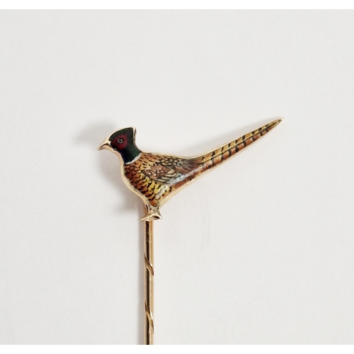 568 - 9ct yellow gold stickpin with an enamel finial in the form of a pheasant, maker A&W, approximately 2... 