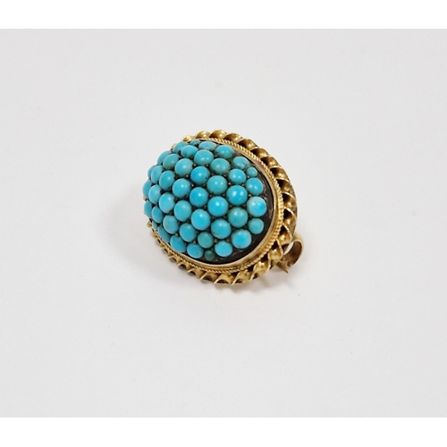 572 - Victorian turquoise domed top cluster combination brooch/pendant, the yellow metal mount of oval for... 