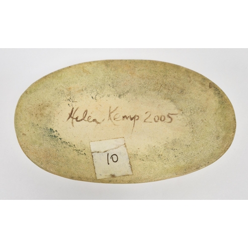 59 - Helen Kemp (contemporary) a hand-modelled earthenware lidded oval dish, the lid with male figure lyi... 