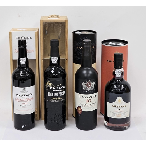 595 - Collection of port to include a Taylors 10 YO 4XX tawny in original tube, a Grahams 10YO tawny in tu... 