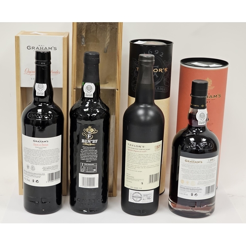 595 - Collection of port to include a Taylors 10 YO 4XX tawny in original tube, a Grahams 10YO tawny in tu... 