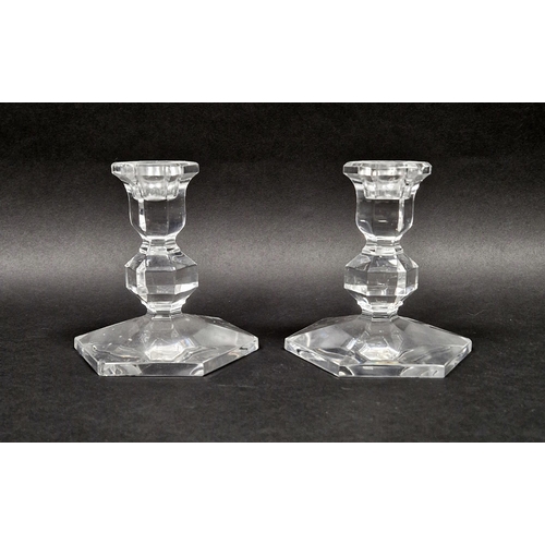 65 - Pair of Val St. Lambert faceted glass candlesticks, etched marks, each on short baluster stem and he... 