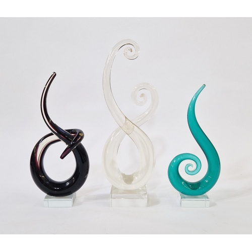 77 - Three Murano-style glass swirl sculptures, clear, amethyst and green colourways, tallest 35cm (3)