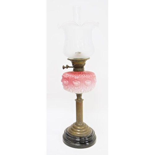 95 - Victorian brass oil lamp, with fluted opaque etched glass shade, moulded pink glass reservoir and cl... 