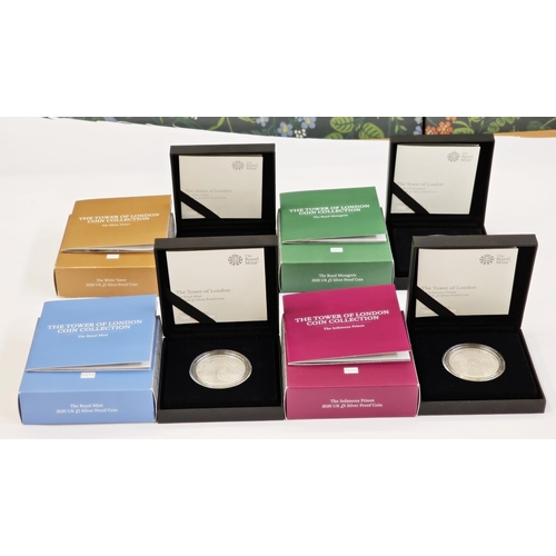 148 - Royal Mint Silver Proof Coins (4), the set of the Tower of London Coin Collection, each £5 Coin is F... 