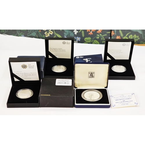 149 - Royal Mint Silver Proof Coins (4), 2011 Prince Philip £5, 2017 The Sapphire Jubilee £5, 2018 65th An... 