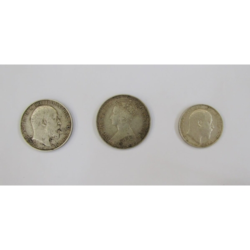 236 - Victorian and Edwardian silver coins, Gothic florin, crowned young head left, rev. four crowned shie... 