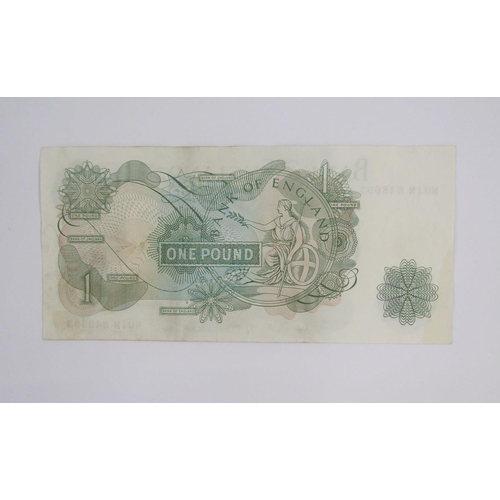 272 - Elizabeth II, February 1967, Replacement £1 note, Pre fix, N01M 848693, J.S. Fforde, small G on reve... 