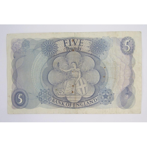 273 - Elizabeth II, January 1967, Replacement £5 note, Pre fix, M18 957168, J.S.Fforde, VG-F small stainin... 