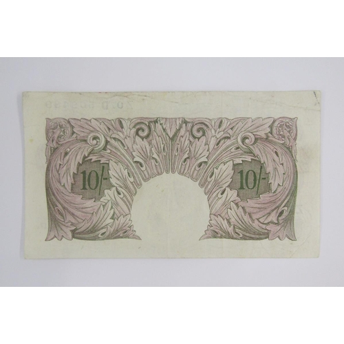 274 - George VI, October 1940, Britannia 10 Shillings, Mauve , Pre Fix Z07D 509489, K.O. Peppiatt, VG-F sm... 