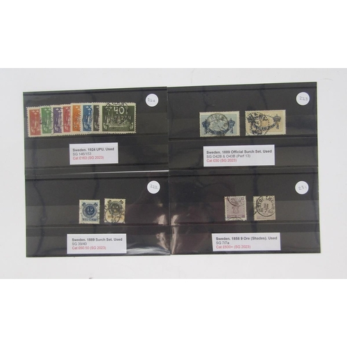 353 - Stamps of Sweden: Definitives from first 1855 issue to 1889 surcharge, including 1864 12 ore blue en... 