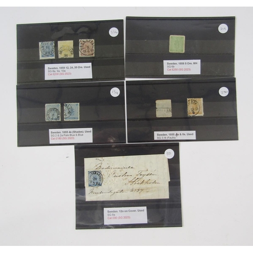 353 - Stamps of Sweden: Definitives from first 1855 issue to 1889 surcharge, including 1864 12 ore blue en... 