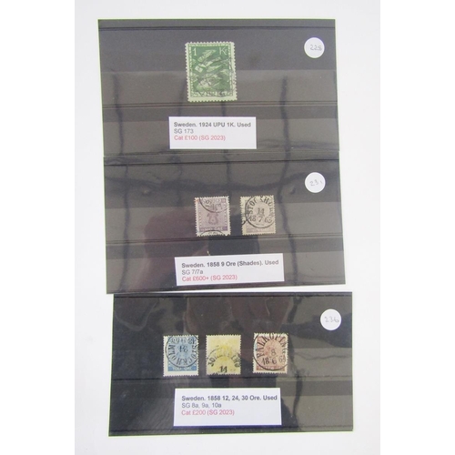 353 - Stamps of Sweden: Definitives from first 1855 issue to 1889 surcharge, including 1864 12 ore blue en... 