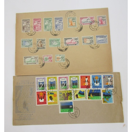 381 - World Stamps: Swiftsure album with 2 Zanzibar covers of 1964 used sets complete. In muddled order wi... 