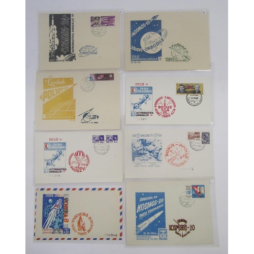 390 - Russia/Soviet CCCP Stamps: Wooden box of thematic space-related pre-paid, first day + specific-to-ev... 