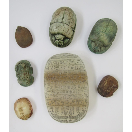 585 - Collection of Grand Tour and later Egyptian artefacts, 7 x alabaster, pottery and steatite scarab be... 