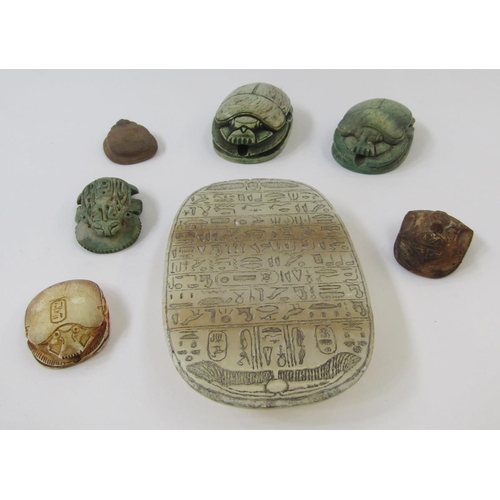 585 - Collection of Grand Tour and later Egyptian artefacts, 7 x alabaster, pottery and steatite scarab be... 