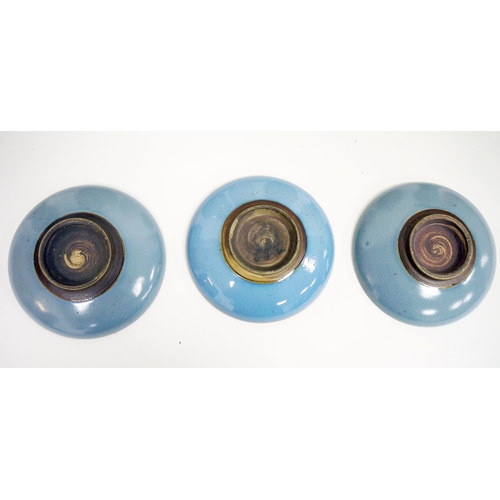 106 - Two pairs of Chinese crackle glazed vases, five blue-glazed saucers and a tapering oviform cream gla... 