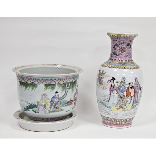 112 - Chinese famille rose jardiniere and stand and an oviform vase, each painted with figures, the first ... 